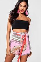 Boohoo Nina Baroque Print Flippy Tie Belt Shorts