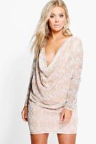 Boohoo Plus Mia Embellished Cowl Neck Shift Dress Nude