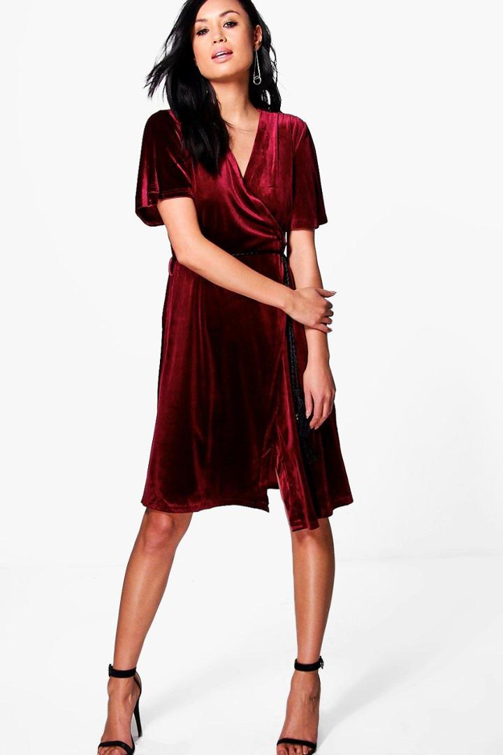 Boohoo Lottie Velvet Wrap Dress Wine