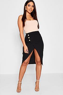 Boohoo Gold Button Asymetric Split Front Midi Skirt