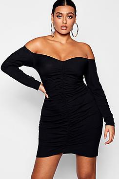 Boohoo Plus Ruched Bardot Sleeved Mini Dress
