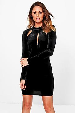 Boohoo Velvet Keyhole Slit Detail Bodycon Dress