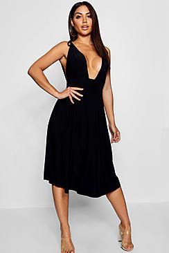 Boohoo Taylor Tie Strap Plunge Midi Skater Dress