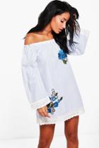 Boohoo Mia Floral Embroidered Bardot Beach Dress Blue
