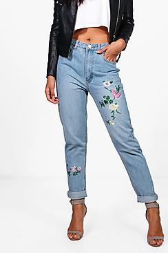 Boohoo Sophie High Waist Embroidered Leg Mom Jeans