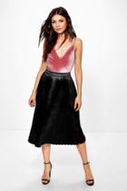 Boohoo Adalia Pleated Satin Full Midi Skirt Black