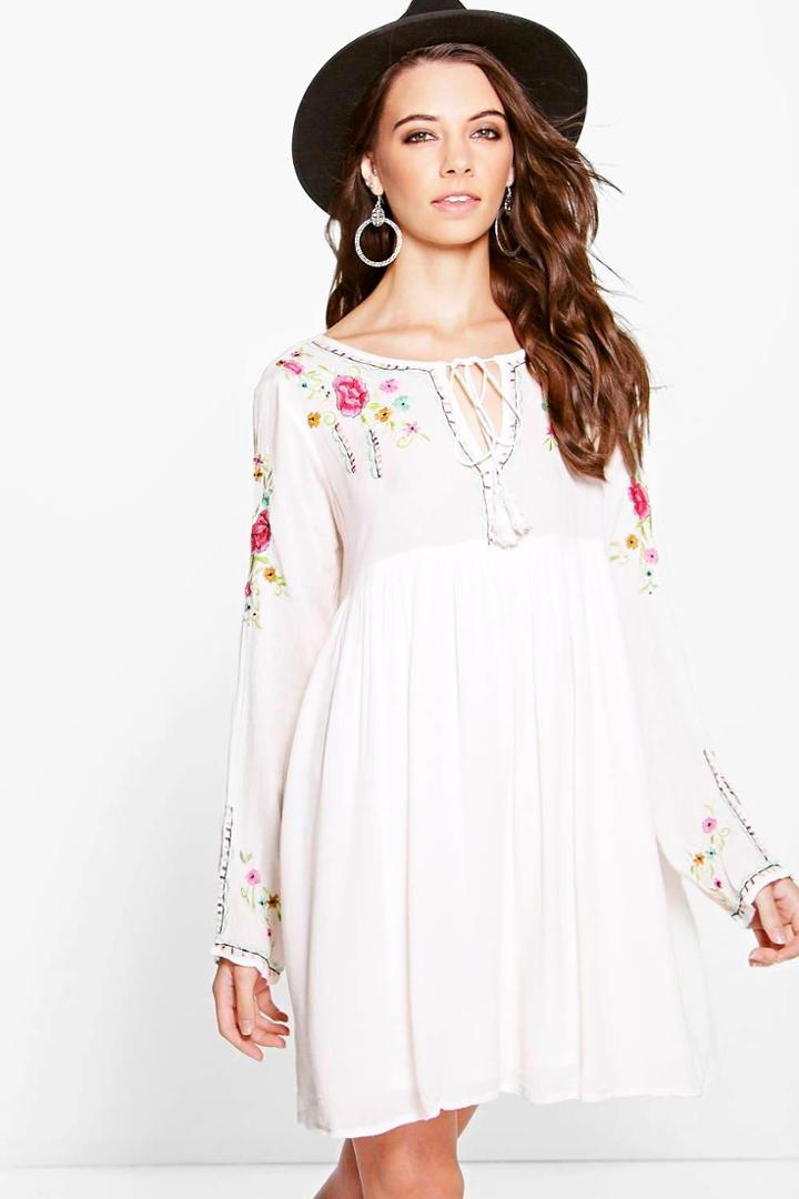Boohoo Christina Floral Embroidered Smock Dress Cream