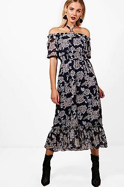 Boohoo Hanna Off Shoulder Halterneck Paisley Midi Dress