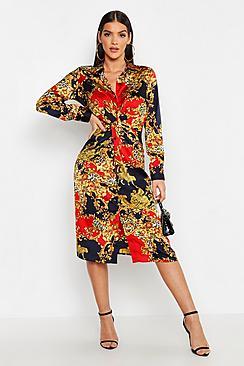 Boohoo Satin Knot Front Chain Print Midi Dress