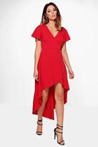 Boohoo Aubrey Crepe Angel Sleeve High Low Skater Dress