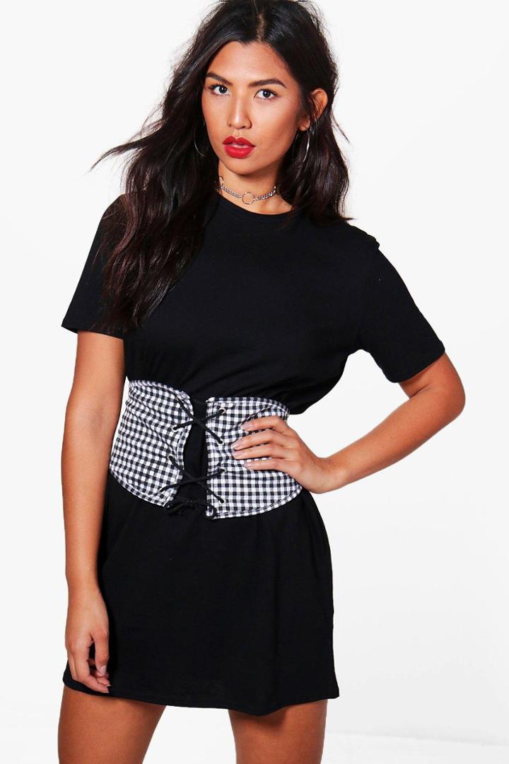 Boohoo Rebecca Check Lace Up Corset T-shirt Dress Black