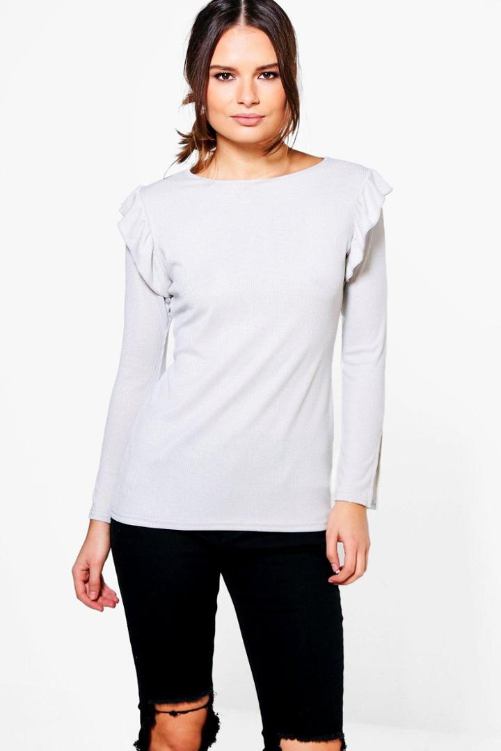 Boohoo Gabriella Ruffle Shoulder Long Sleeve Top Grey