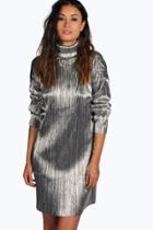 Boohoo Allie Pleated High Neck Metallic Shift Dress Silver