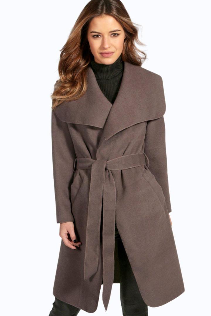 Boohoo Petite Sinead Belted Shawl Collar Coat Mocha