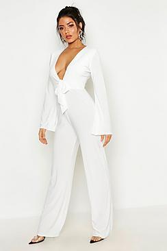 Boohoo Tie Waist Plunge Jumpsuit