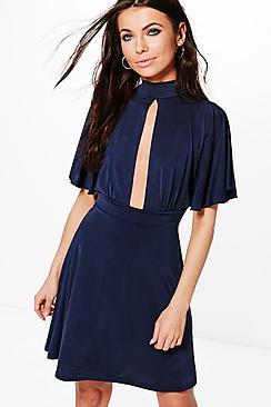 Boohoo Petite Ivy Keyhole Detail Frill Sleeve Skater Dress
