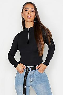 Boohoo Half Zip Rib Long Sleeve Top