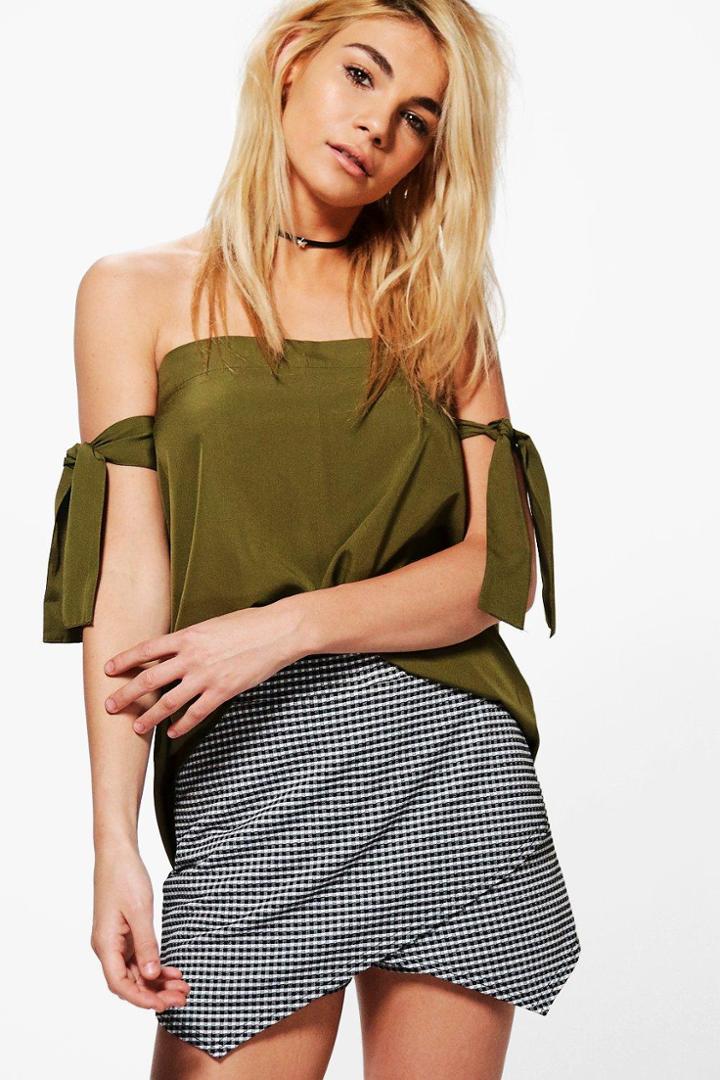 Boohoo Willow Woven Tie Sleeve Top Khaki