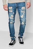 Boohoo Mid Blue Skinny Rigid Jeans With Distressing