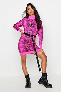 Boohoo Snake Roll Neck Knitted Mini Dress