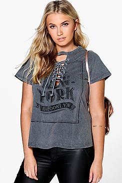 Boohoo Plus Melli Acid Wash Printed Lace Up Tee