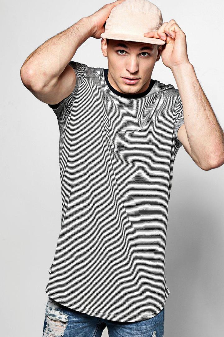 Boohoo Short Sleeve Curved Hem Stripe T Shirt Navy
