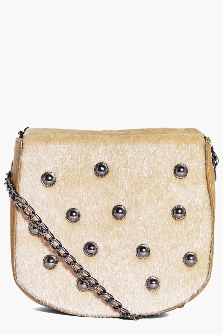 Boohoo Keira Faux Pony Stud Chain Cross Body Bag Khaki