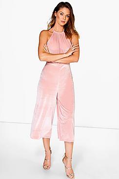 Boohoo Lucy Velvet Halter Culotte Jumpsuit
