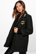 Boohoo Beatrice Badge Wool Look Military Coat Black