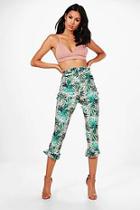 Boohoo Yasmina Palm Print Ruffle Waist & Hem Trousers