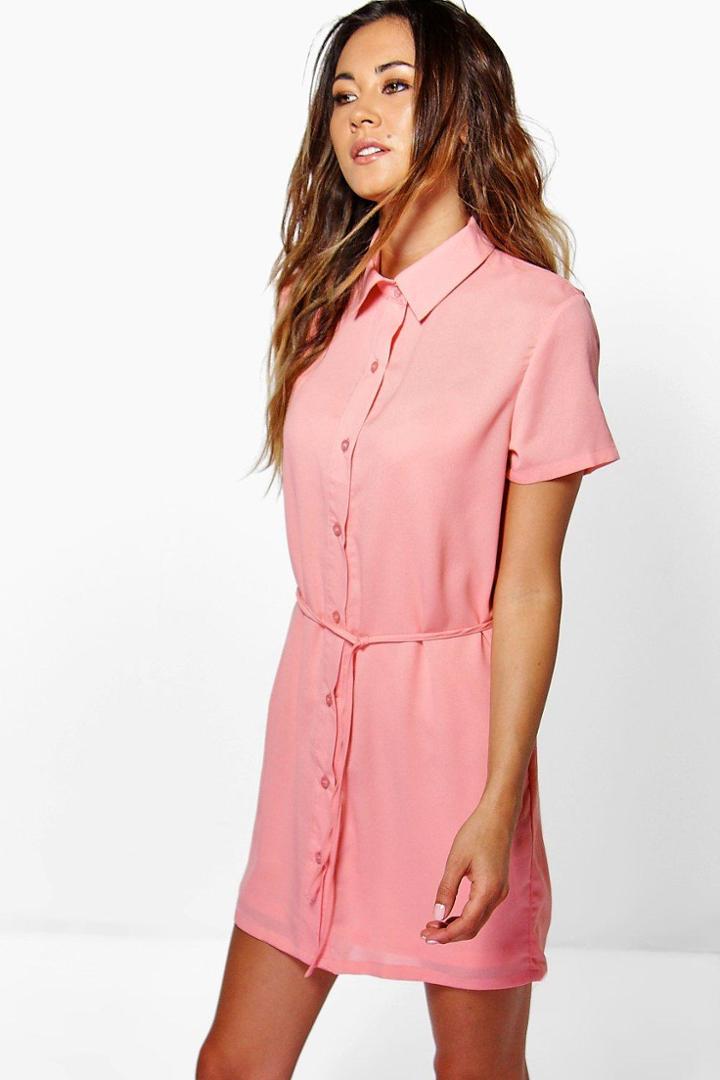 Boohoo Allie Split Side Skinny Tie Shirt Dress Peach