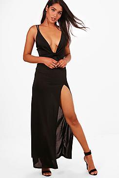 Boohoo Ida Slinky Twist Front Plunge Split Maxi Dress