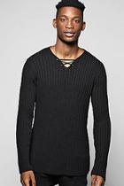 Boohoo Ribbed Jumper With Lace Up Front