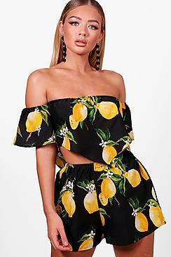 Boohoo Alice Lemon Print Top And Short Co-ord