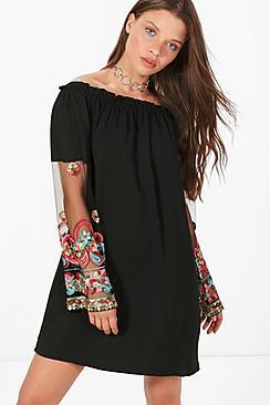 Boohoo Em Off Shoulder Embroidered Sleeve Shift Dress