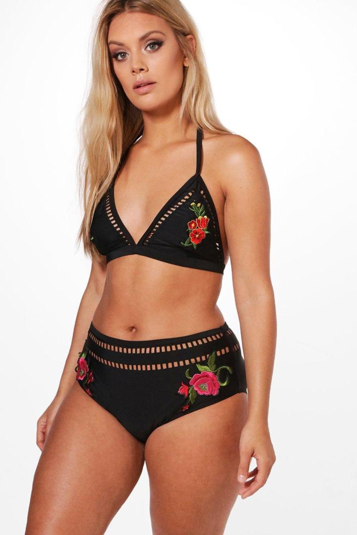 Boohoo Plus Katrina Applique Flower High Waist Bikini Black