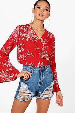 Boohoo Daisy Floral Print Wrap Top