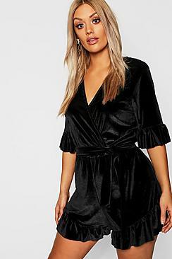 Boohoo Plus Velvet Wrap Ruffle Playsuit
