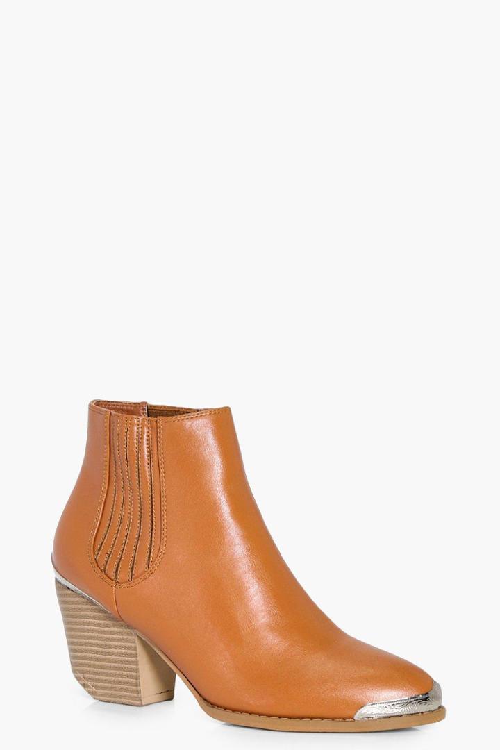 Boohoo Violet Laser Cut Metal Detail Western Boot Tan