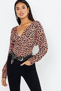 Boohoo Leopard Print Shirred Wrap Top