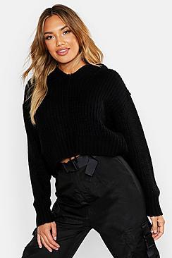 Boohoo Oversized Soft Knit Hooded Crop Jumper