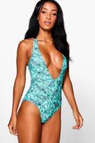 Boohoo Mexico Leaf Print Scoop Neck Cross Back Bathing Suit Green