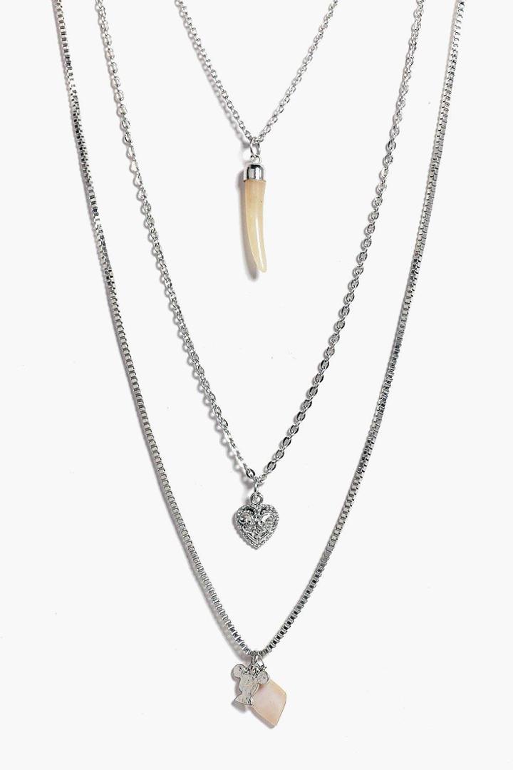 Boohoo Bella Horn Layered Necklace Silver