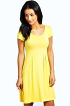 Boohoo Claudia Jersey Cap Sleeve Skater Dress Yellow