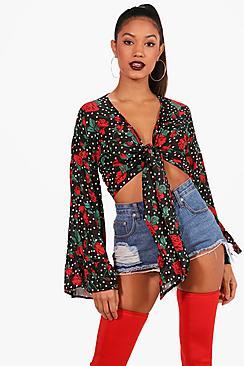 Boohoo Freya Spot Floral Tie Front Crop