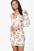 Boohoo Hanna Floral Puff Sleeve Bodycon Dress
