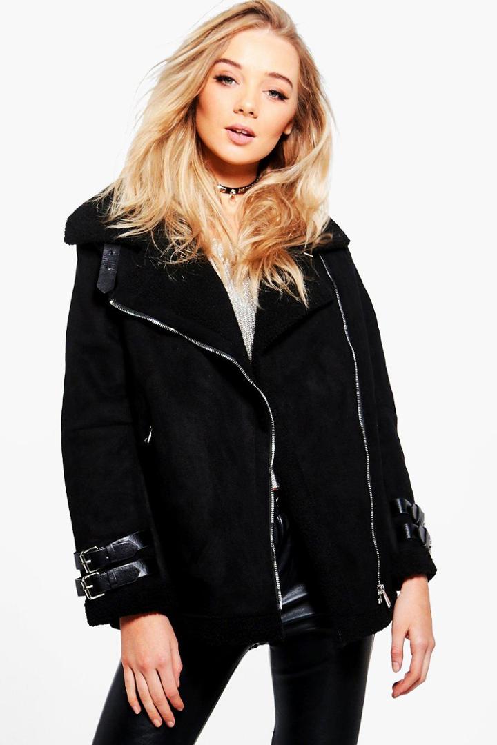 Boohoo Lana Longline Aviator Suedette Jacket Black