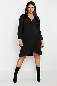 Boohoo Plus Woven Ruffle Wrap Midi Dress