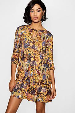 Boohoo Lo Bohemian Ruffle Waist Smock Dress