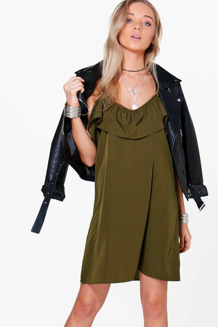 Boohoo Ola Cold Shoulder Shift Sundress Khaki